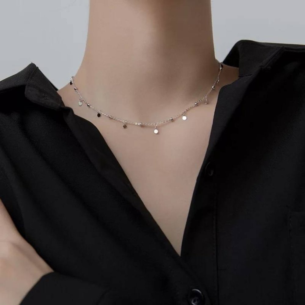 925 Sterling Silver Shiny Clavicle Chain Necklace Double Layer With Pearl Retro